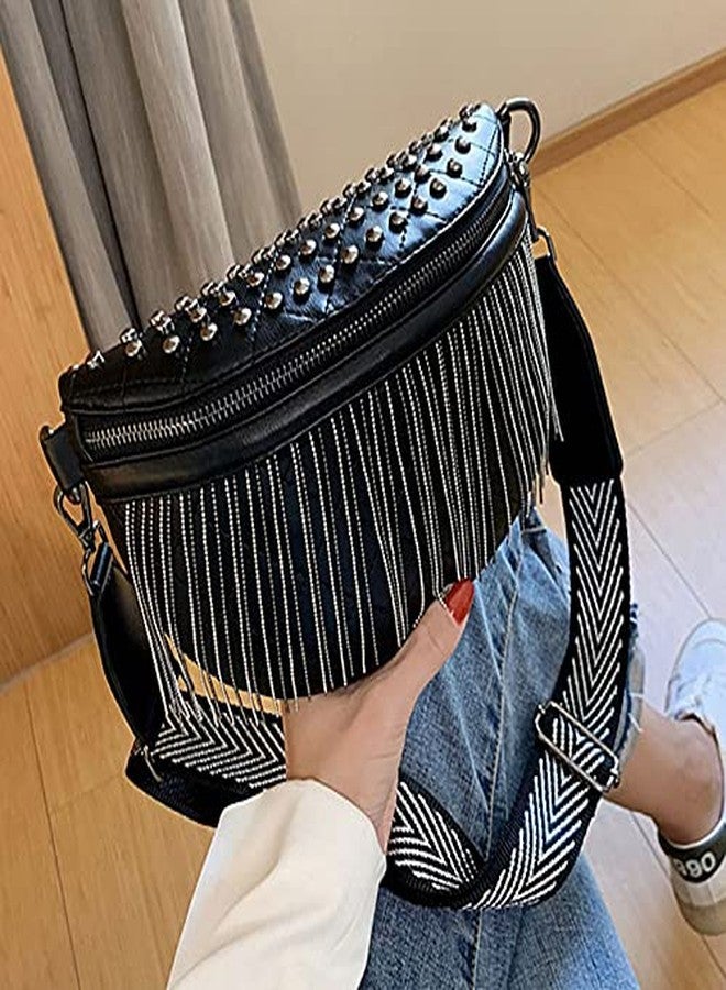 Minache Women Rivet Metal Tassel Faux Leather Fanny Pack Waist Bag Chest Bag Crossbody Shoulder Bag - Image 4